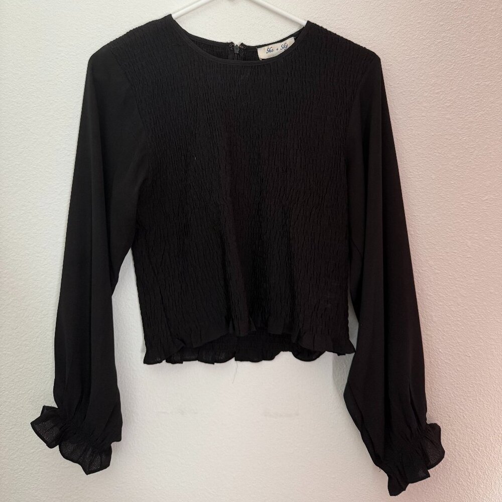 She + Sky Black Ruffled Blouse